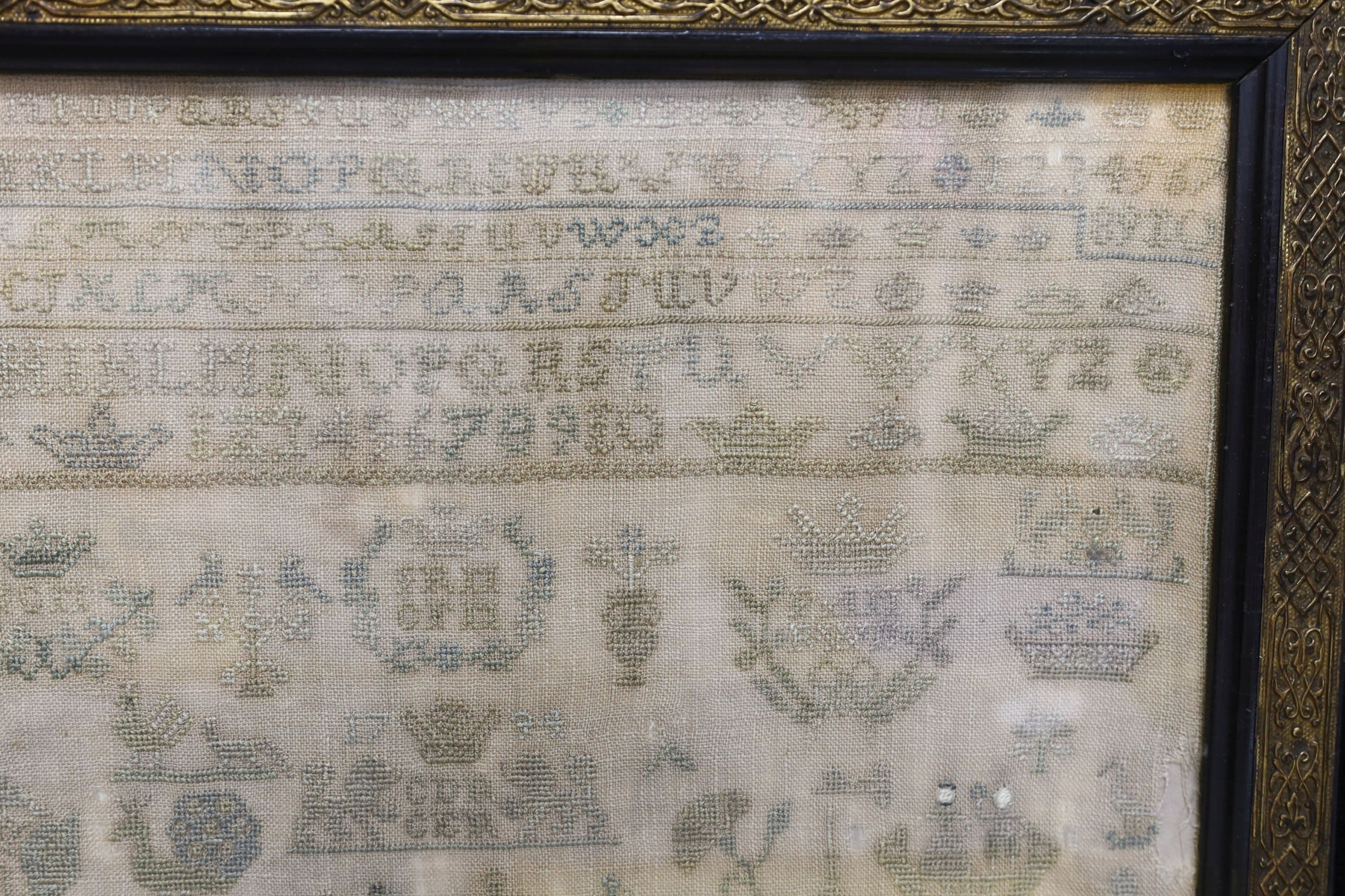 A George III 1794 sampler and a 19th century Jane Alder Shipton sampler. Largest 36x37cm excl frame